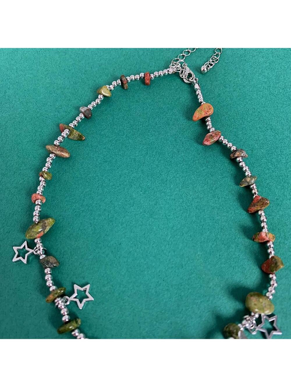 Y2k 2000s style Earth Tone Star Rock Silver Beaded Pendant Necklace. Chain is - Picture 5 of 7